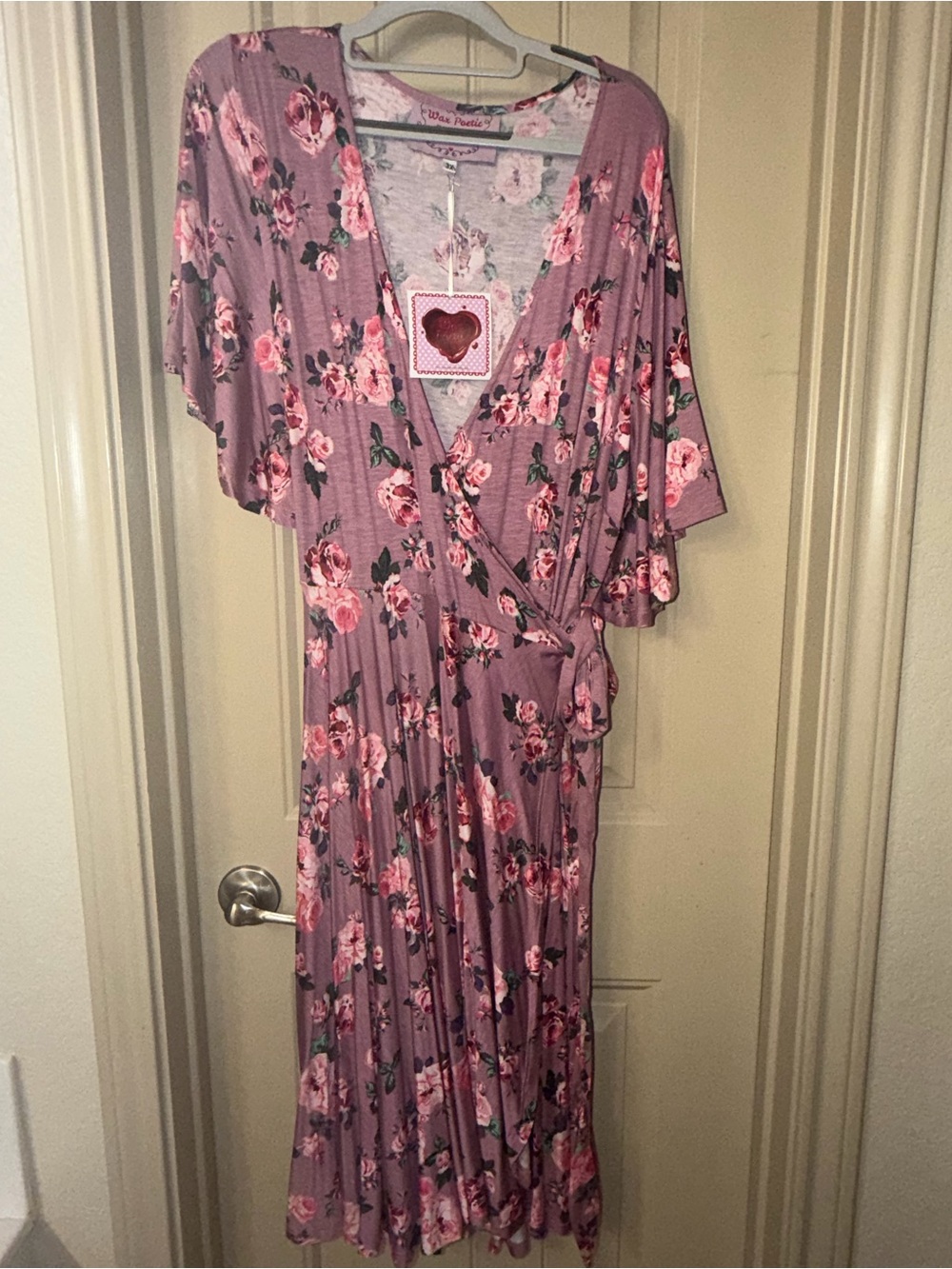 Wax Poetic Mauve Floral Wrap Dress with Pink Rose Print